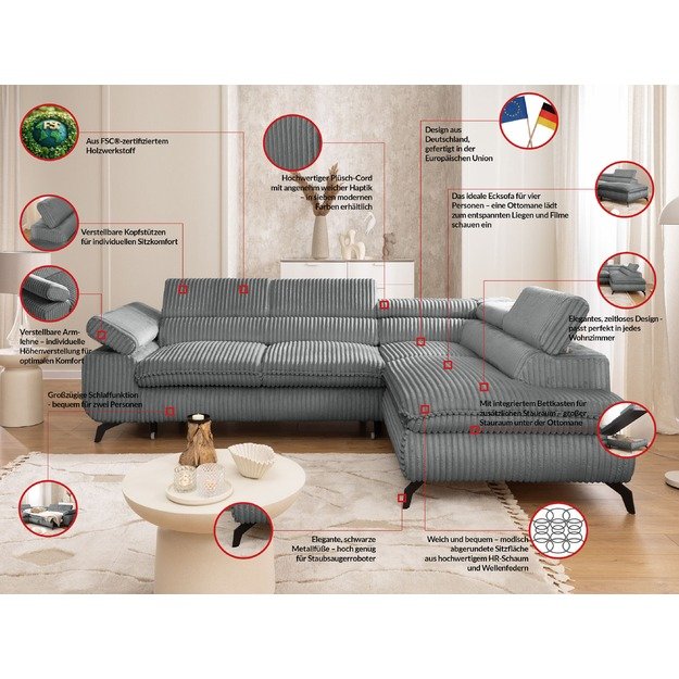 Kampinė sofa Marbeya – su miego funkcija, patalynės dėže ir reguliuojamais galvos atlošais 11