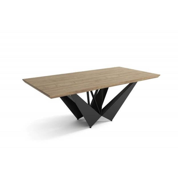 Modernus valgomojo stalas DUBAJ – ąžuolo faneruote dengtas MDF stalviršis, juodos metalinės kojos (tik stalas)