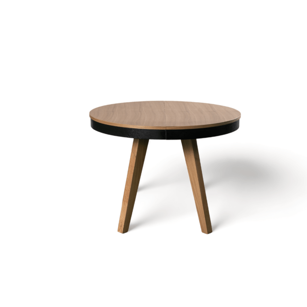 Apvalus ąžuolo faneruote dengtas stalas su teleskopine sistema – medžio masyvo kojos,  (tik stalas)