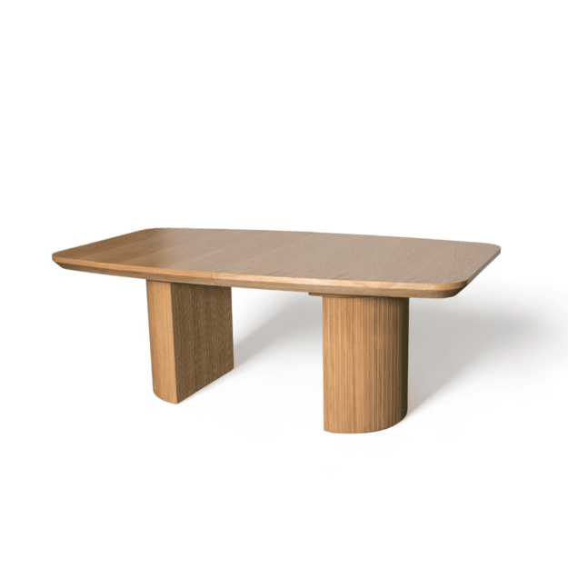 Išskleidžiamas valgomojo stalas su ąžuolo faneruote dengtu stalviršiu ir dekoruota koja (tik stalas) 1