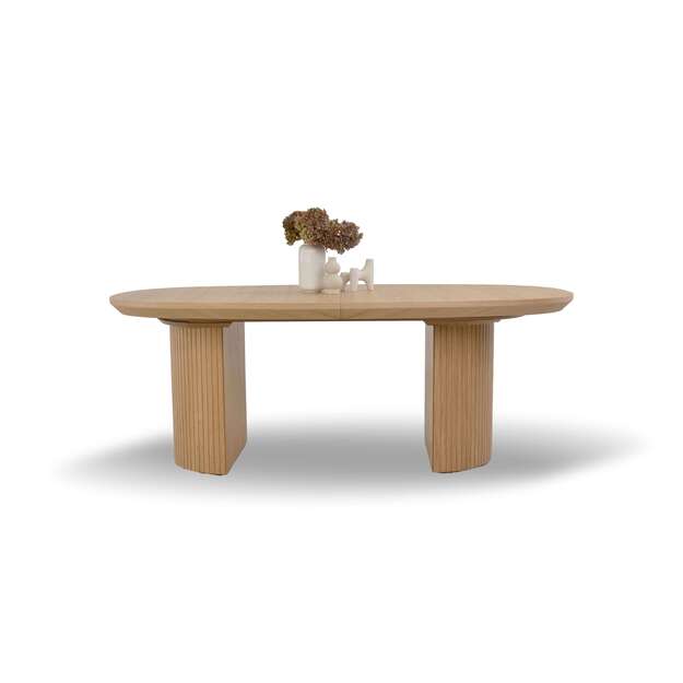 Išskleidžiamas valgomojo stalas su ąžuolo faneruote dengtu stalviršiu ir dekoruota koja (tik stalas)