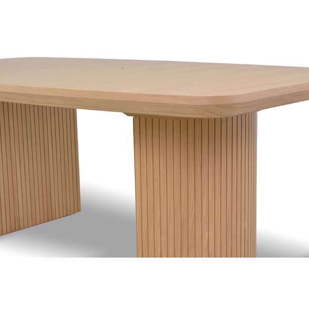 Išskleidžiamas valgomojo stalas su ąžuolo faneruote dengtu stalviršiu ir dekoruota koja (tik stalas) 3