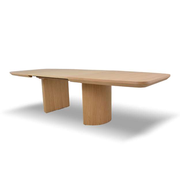 Išskleidžiamas valgomojo stalas su ąžuolo faneruote dengtu stalviršiu ir dekoruota koja (tik stalas) 2