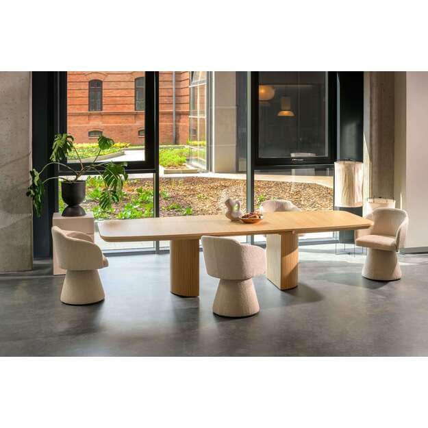 Išskleidžiamas valgomojo stalas su ąžuolo faneruote dengtu stalviršiu ir dekoruota koja (tik stalas) 6