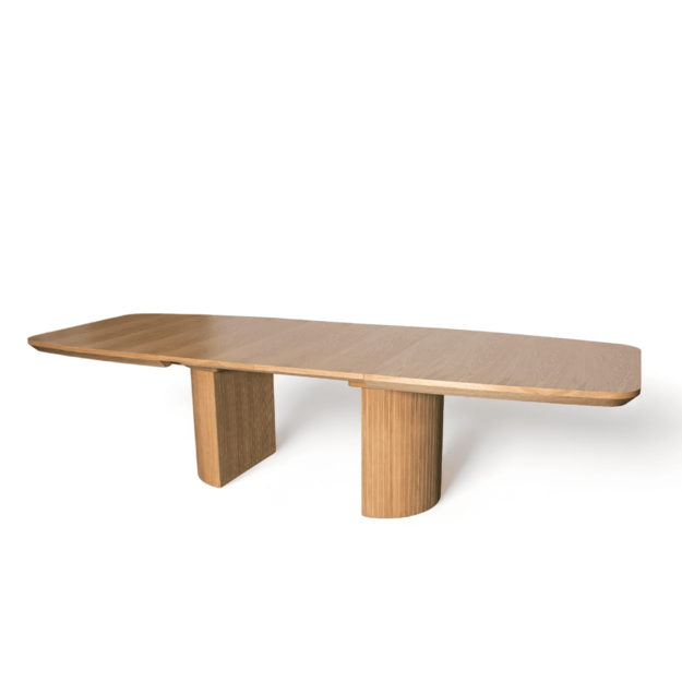 Išskleidžiamas valgomojo stalas su ąžuolo faneruote dengtu stalviršiu ir dekoruota koja (tik stalas) 4