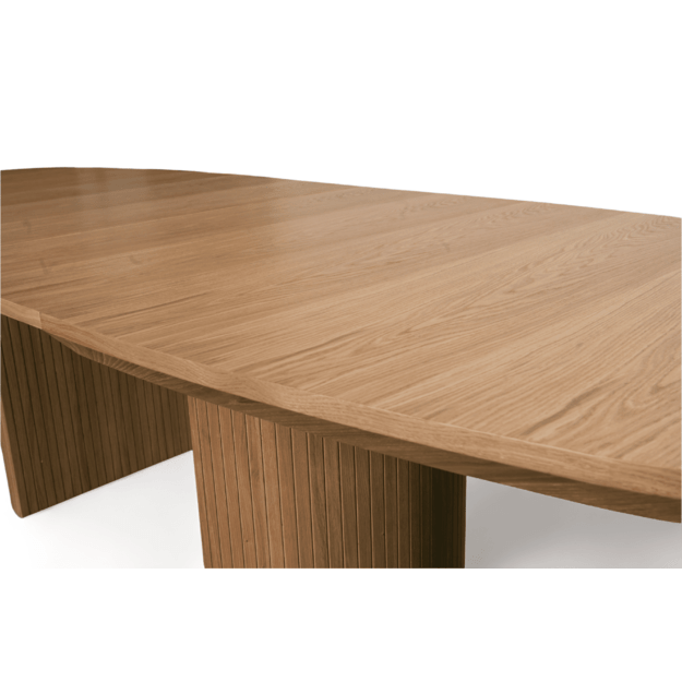 Išskleidžiamas valgomojo stalas su ąžuolo faneruote dengtu stalviršiu ir dekoruota koja (tik stalas) 8