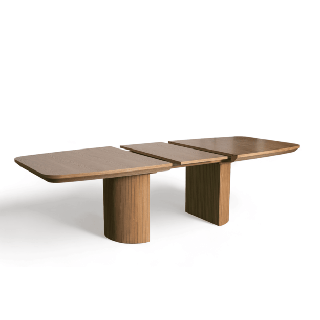 Išskleidžiamas valgomojo stalas su ąžuolo faneruote dengtu stalviršiu ir dekoruota koja (tik stalas) 7