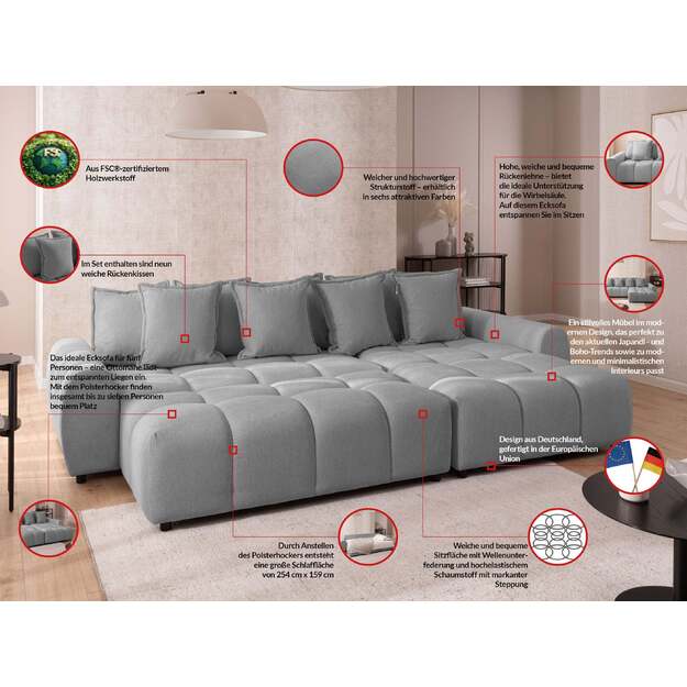 Minkštas kampas Albane su pufu – universalus, erdvus ir elegantiško dizaino komplektas 7