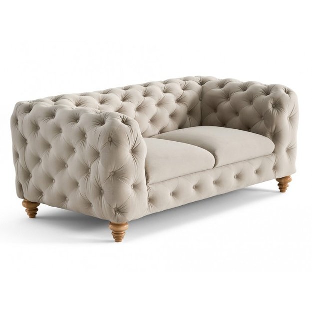 Dvivietė sofa Chesty - minkšta Chesterfield stilistika, medinės kojelės, banguotos spyruoklės