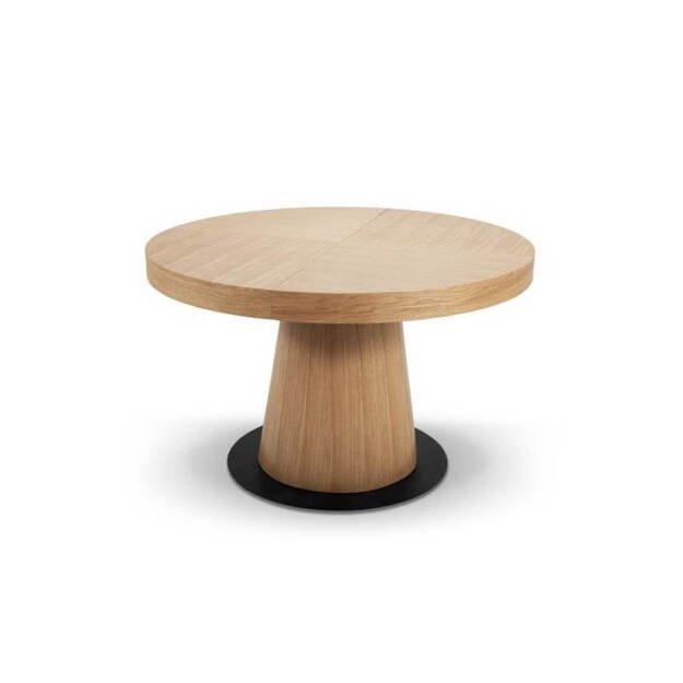 Apvalus išskleidžiamas valgomojo stalas su metaline baze ir ąžuolo faneruote dengta koja ( tik stalas )