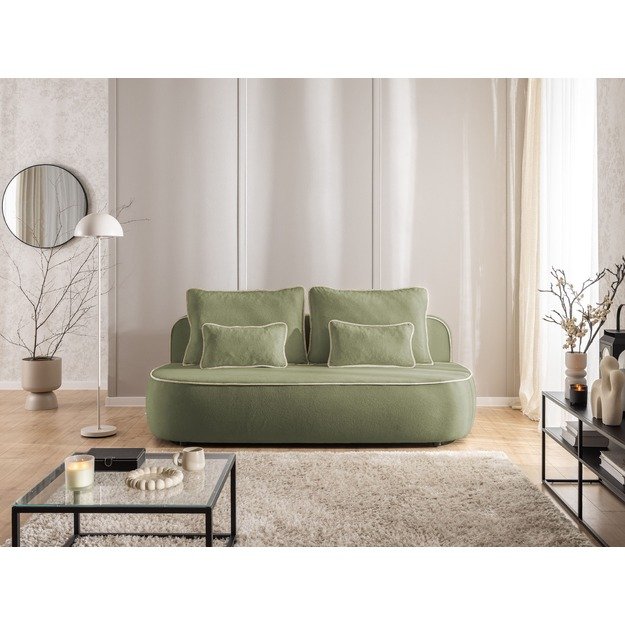 Trivietė sofa Saga – su miego funkcija, patalynės dėže ir dekoratyvinėmis pagalvėlėmis 10