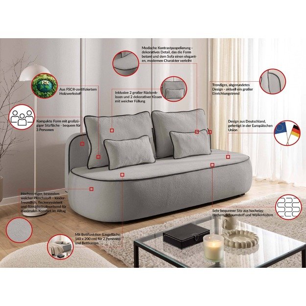 Trivietė sofa Saga – su miego funkcija, patalynės dėže ir dekoratyvinėmis pagalvėlėmis 4